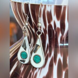 925 Sterling Silver Alpaca Teardrop MOP Abalone and Turquoise Pierced Earrings